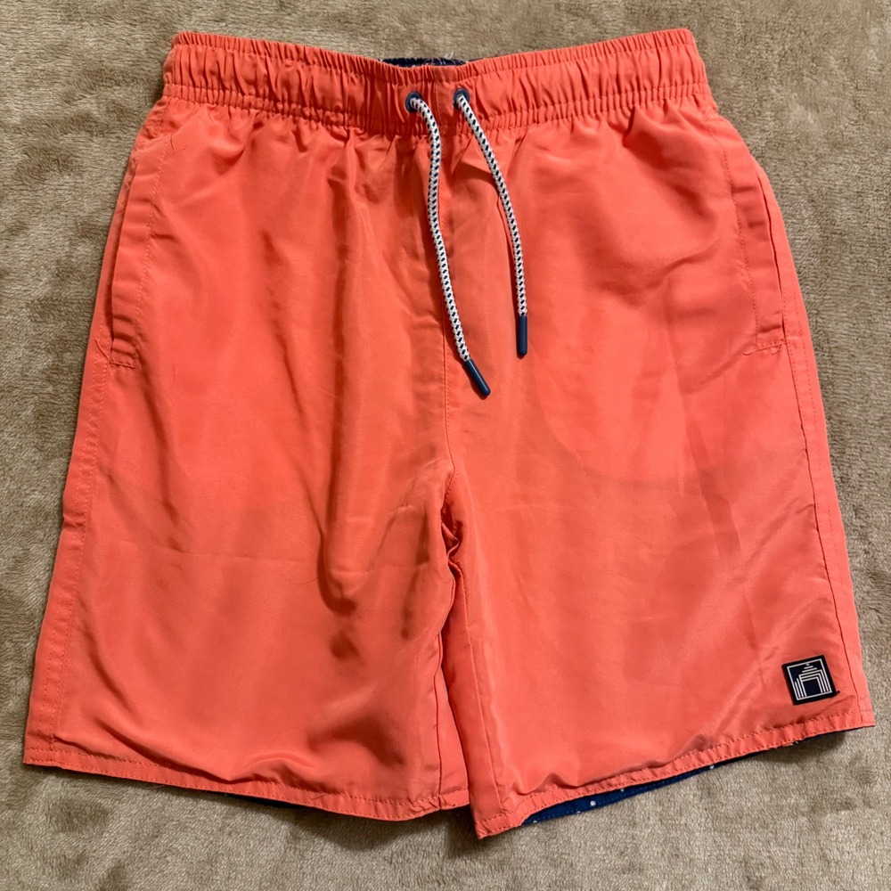 Free Planet Boys Reversible Swim Trunks Coral Orange Navy Octopus Polka Dot